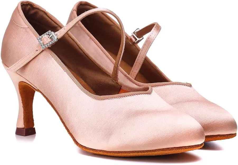 HROYL Ballroom Dance Shoes Women Low heel Colsed Toe Satin Latin Salsa Batchata Social Ballroom Dancing Pumps