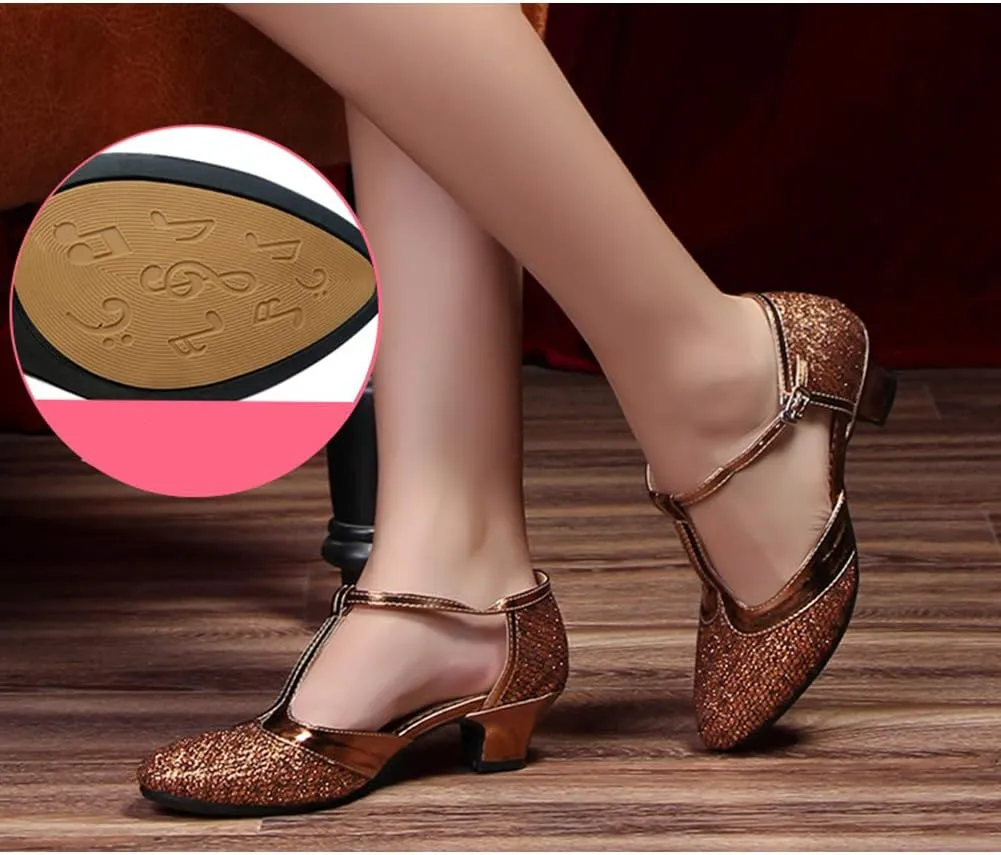 HROYL Womens Closed Toe Sparkling Glitter Salsa Bachata Ballroom Heels Modern Latin Dance Shoes,DY309