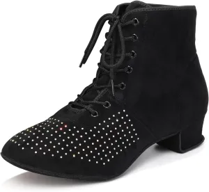 HROYL Women's Latin Dance Boots Low Heel Close Toe Ballroom Tango Performance Practice Teaching Dancing Shoes,LHD-GBNJB