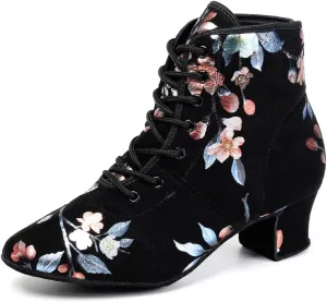 HROYL Women's Latin Dance Boots Low Heel Close Toe Ballroom Tango Performance Practice Teaching Dancing Shoes,LHD-GBNJB