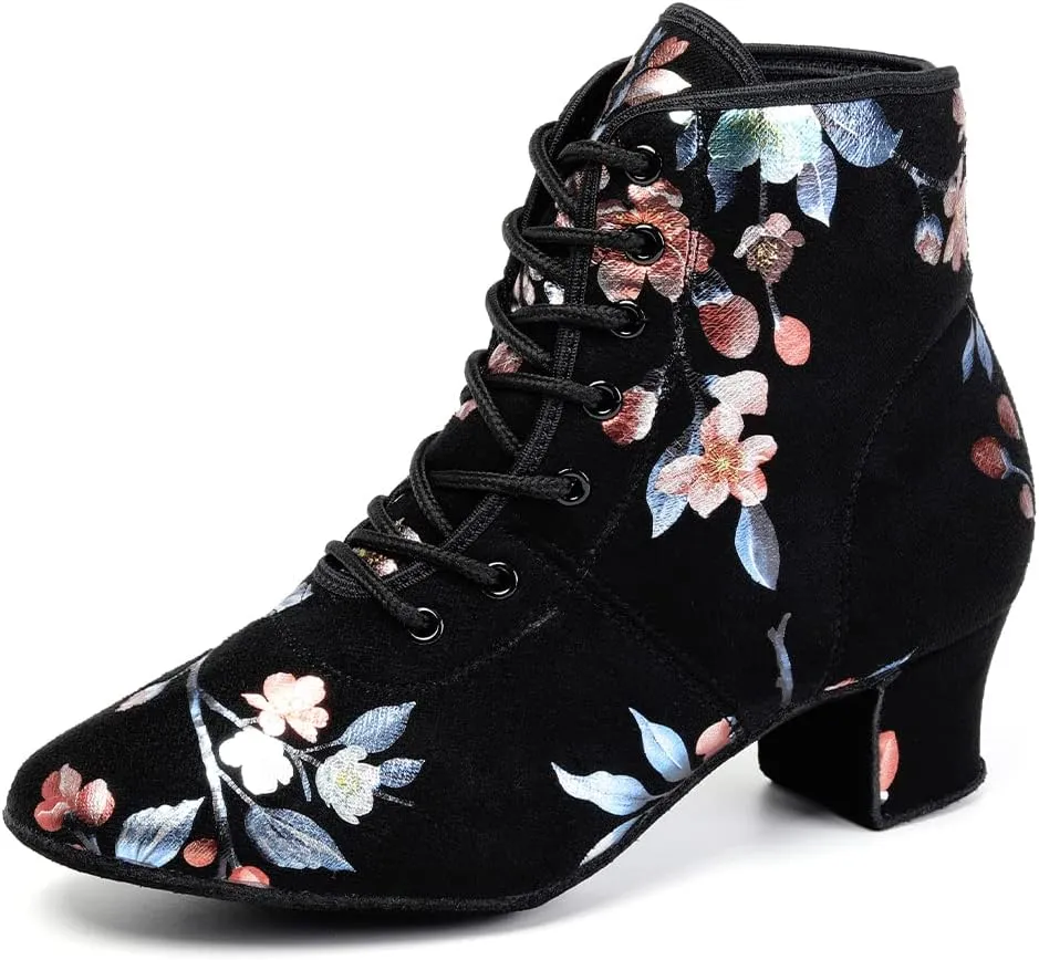 HROYL Women's Latin Dance Boots Low Heel Close Toe Ballroom Tango Performance Practice Teaching Dancing Shoes,LHD-GBNJB