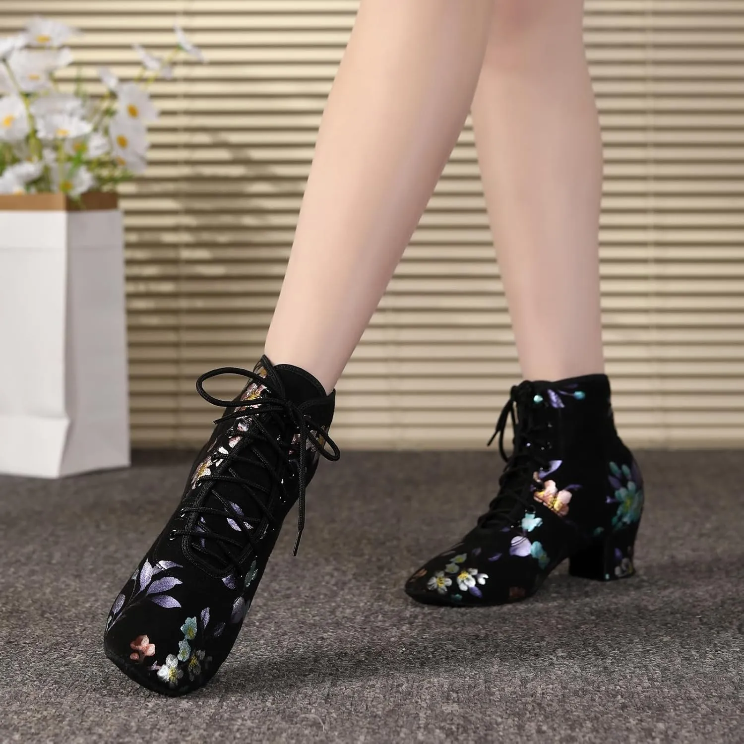 HROYL Women's Latin Dance Boots Low Heel Close Toe Ballroom Tango Performance Practice Teaching Dancing Shoes,LHD-GBNJB
