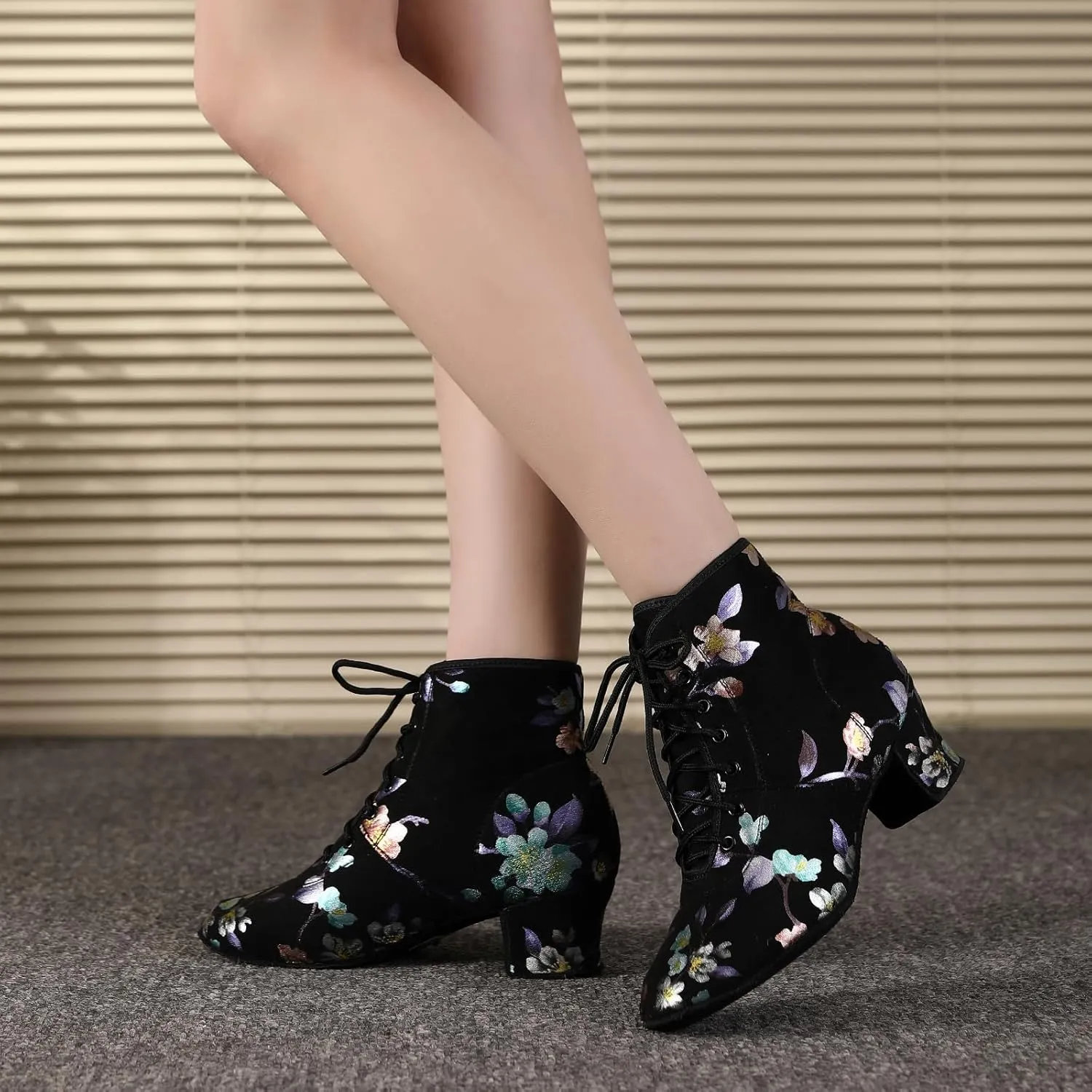 HROYL Women's Latin Dance Boots Low Heel Close Toe Ballroom Tango Performance Practice Teaching Dancing Shoes,LHD-GBNJB