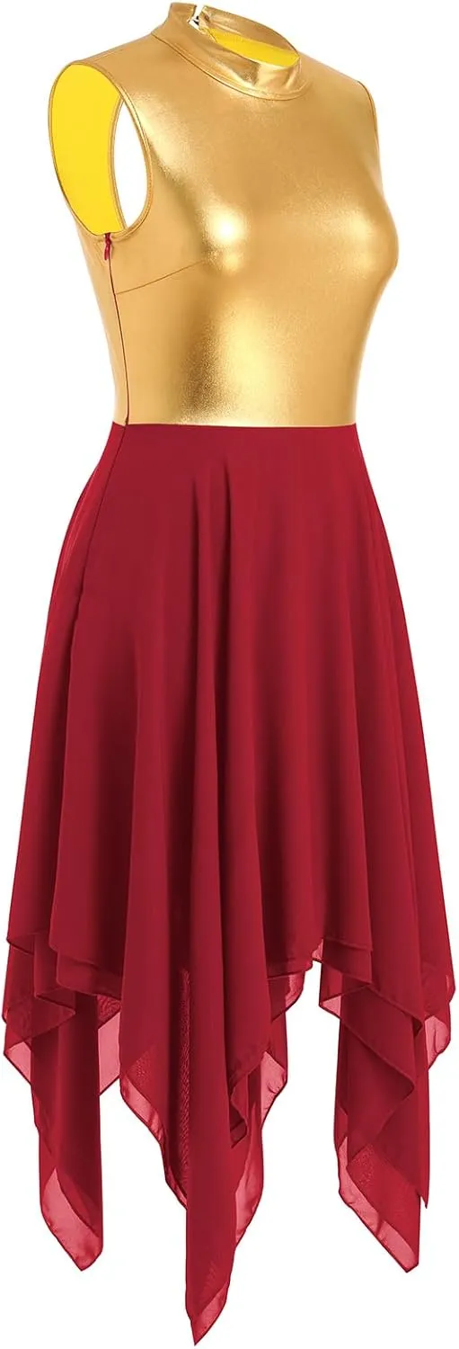 IBAKOM Praise Dance Dress for Women Gold Metallic Chiffon Asymmetric Skirt Lyrical Contemporary Dance Liturgical Overlays