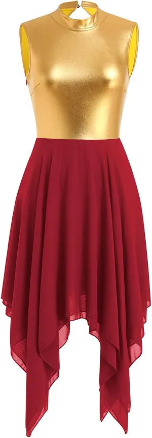 IBAKOM Praise Dance Dress for Women Gold Metallic Chiffon Asymmetric Skirt Lyrical Contemporary Dance Liturgical Overlays