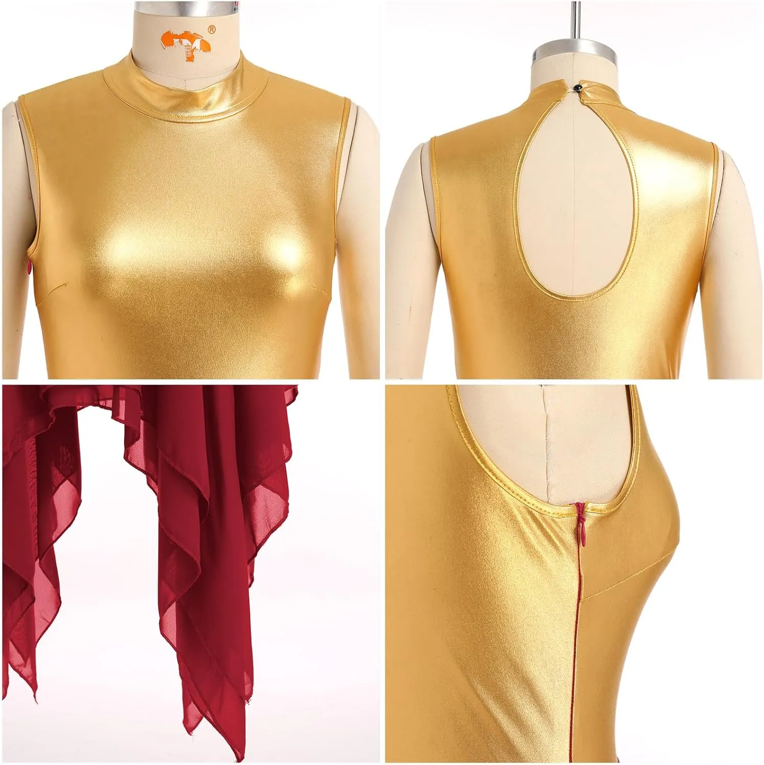 IBAKOM Praise Dance Dress for Women Gold Metallic Chiffon Asymmetric Skirt Lyrical Contemporary Dance Liturgical Overlays