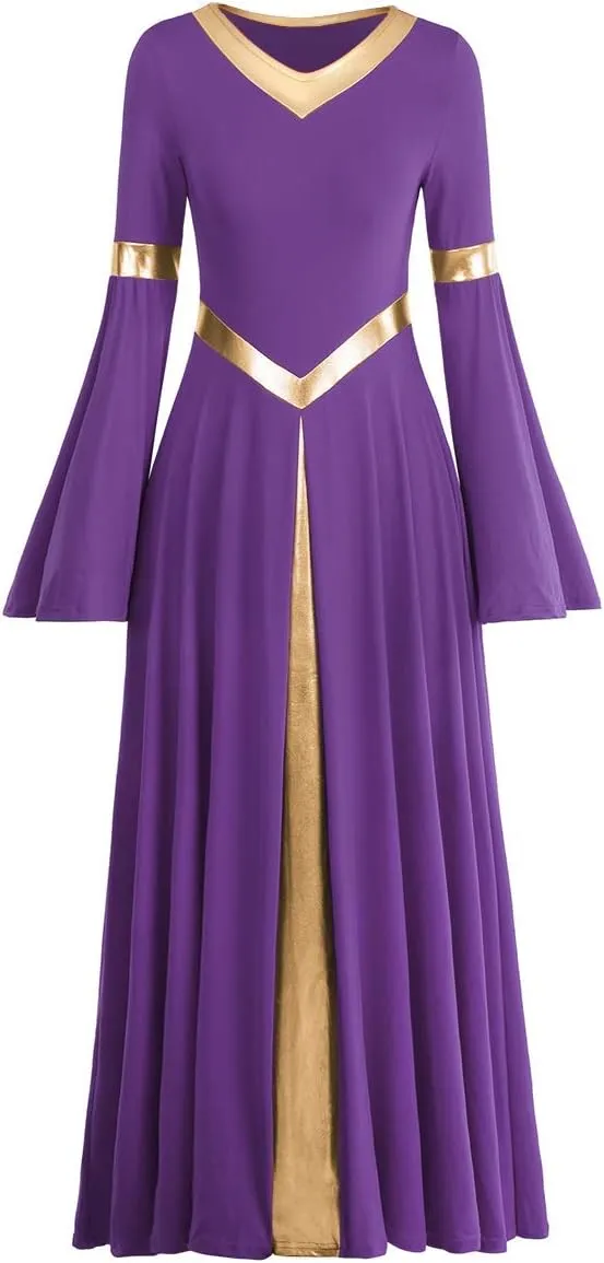 IBAKOM Praise Liturgical Dance Costume for Women Loose Fit Full Length Metallic Gold V-Neck Worship Long Dress Dancewear