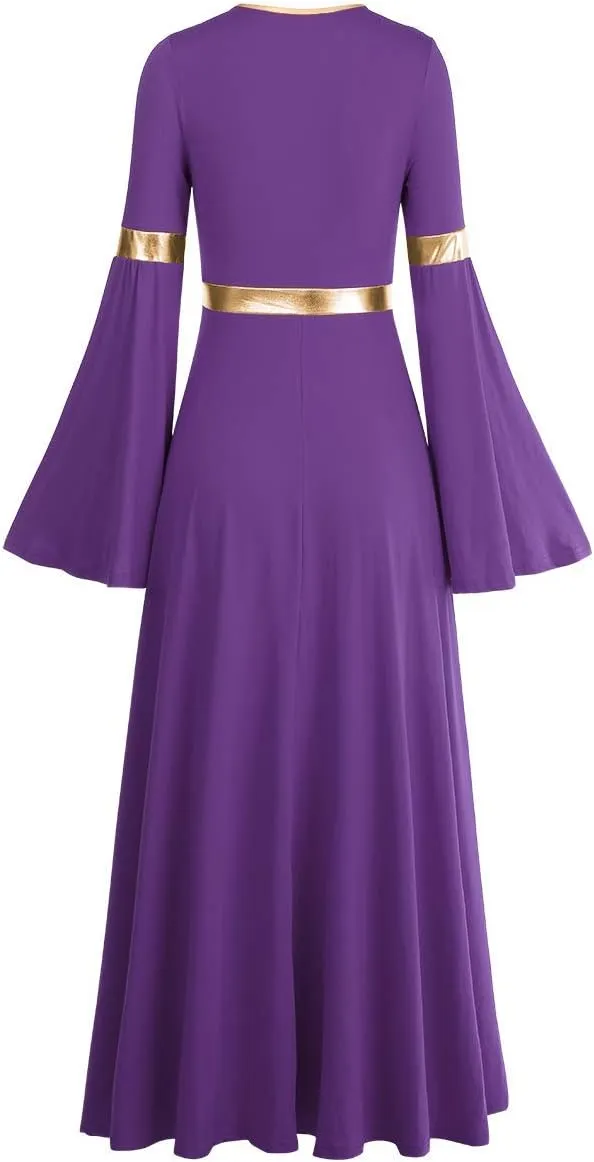 IBAKOM Praise Liturgical Dance Costume for Women Loose Fit Full Length Metallic Gold V-Neck Worship Long Dress Dancewear
