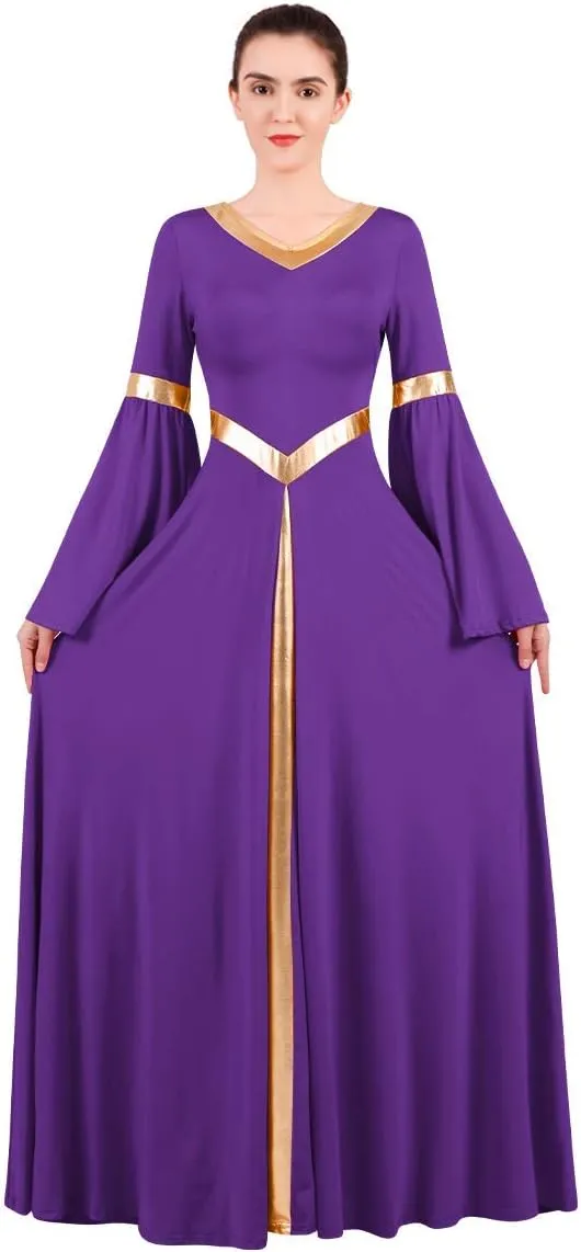 IBAKOM Praise Liturgical Dance Costume for Women Loose Fit Full Length Metallic Gold V-Neck Worship Long Dress Dancewear