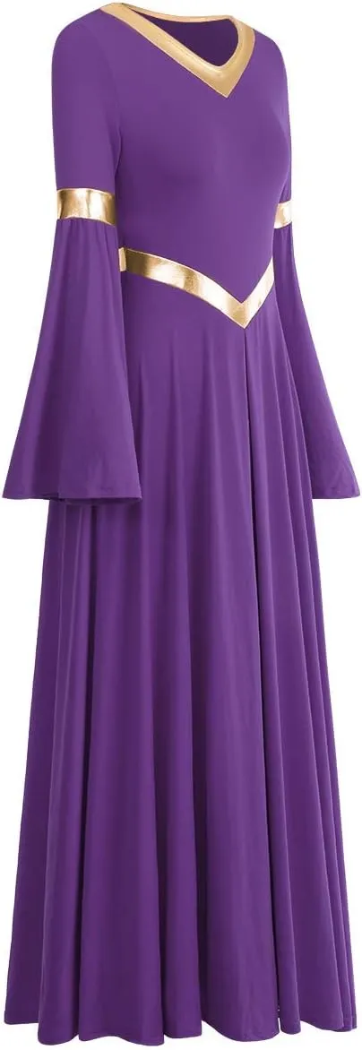 IBAKOM Praise Liturgical Dance Costume for Women Loose Fit Full Length Metallic Gold V-Neck Worship Long Dress Dancewear