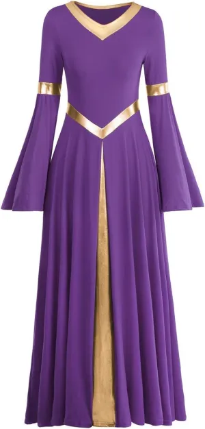 IBAKOM Praise Liturgical Dance Costume for Women Loose Fit Full Length Metallic Gold V-Neck Worship Long Dress Dancewear