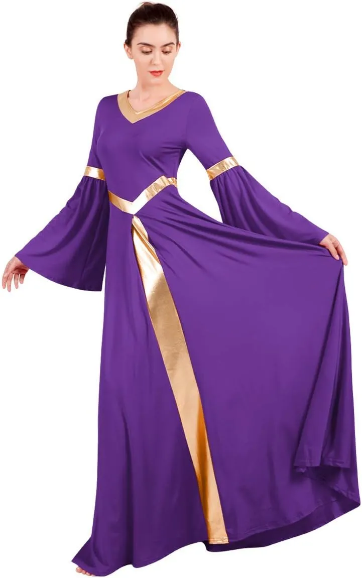 IBAKOM Praise Liturgical Dance Costume for Women Loose Fit Full Length Metallic Gold V-Neck Worship Long Dress Dancewear