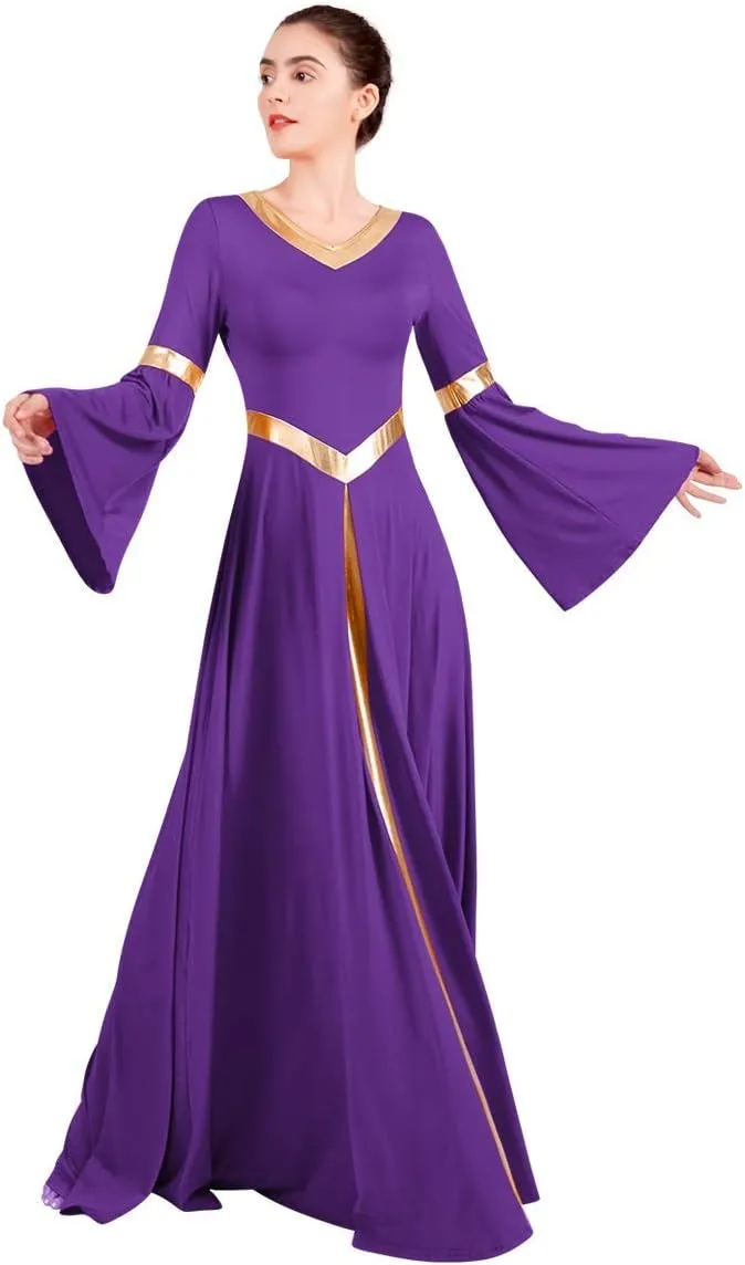 IBAKOM Praise Liturgical Dance Costume for Women Loose Fit Full Length Metallic Gold V-Neck Worship Long Dress Dancewear