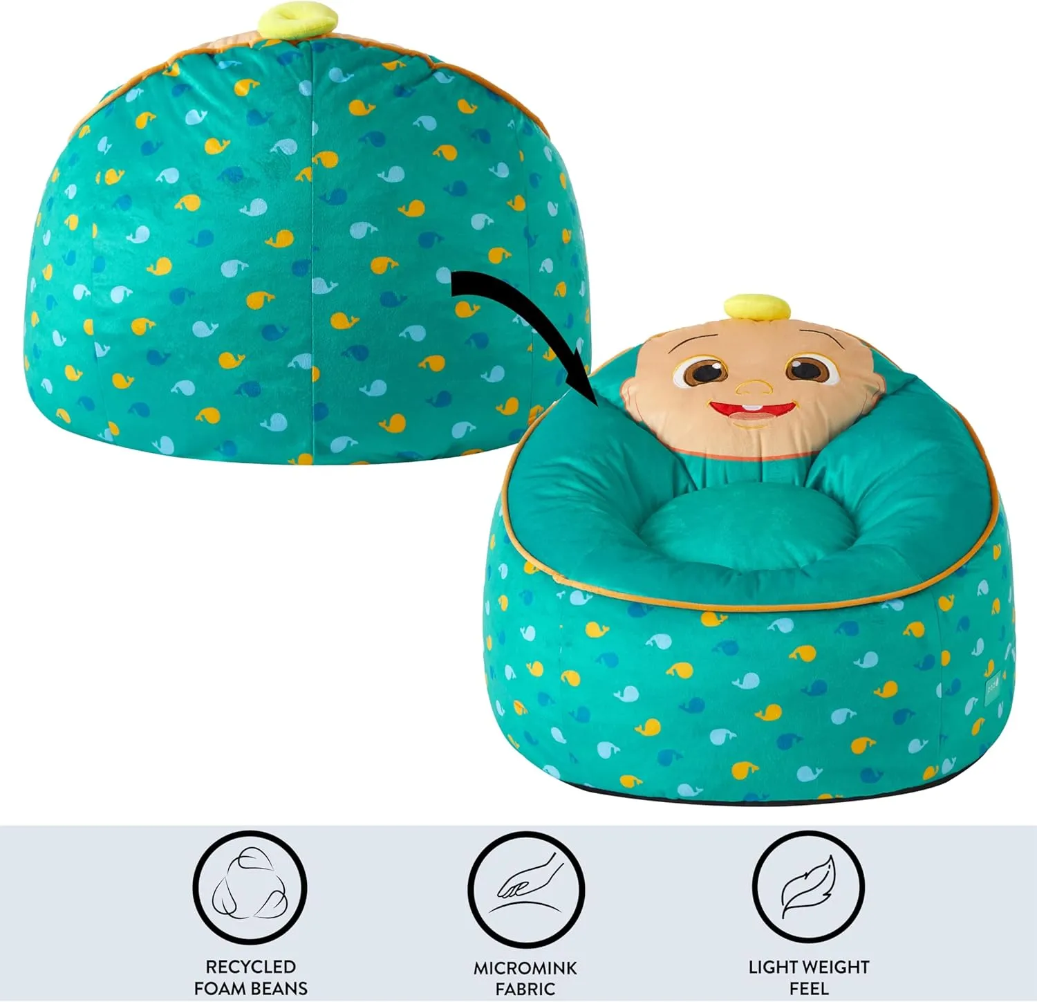 Idea Nuova Cocomelon Hillside by pod Kids Plush Bean Bag Chair, 24"x24"x25,Ages 3 