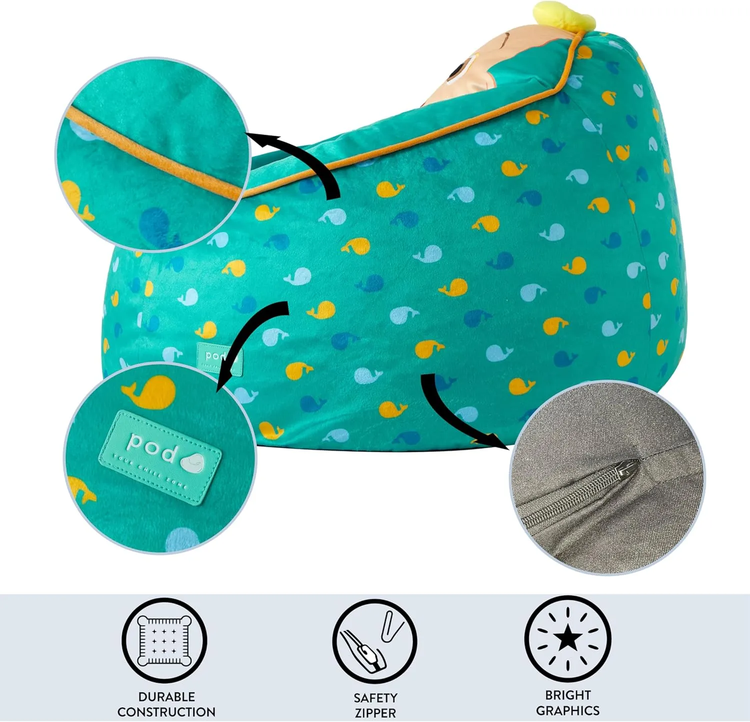 Idea Nuova Cocomelon Hillside by pod Kids Plush Bean Bag Chair, 24"x24"x25,Ages 3 
