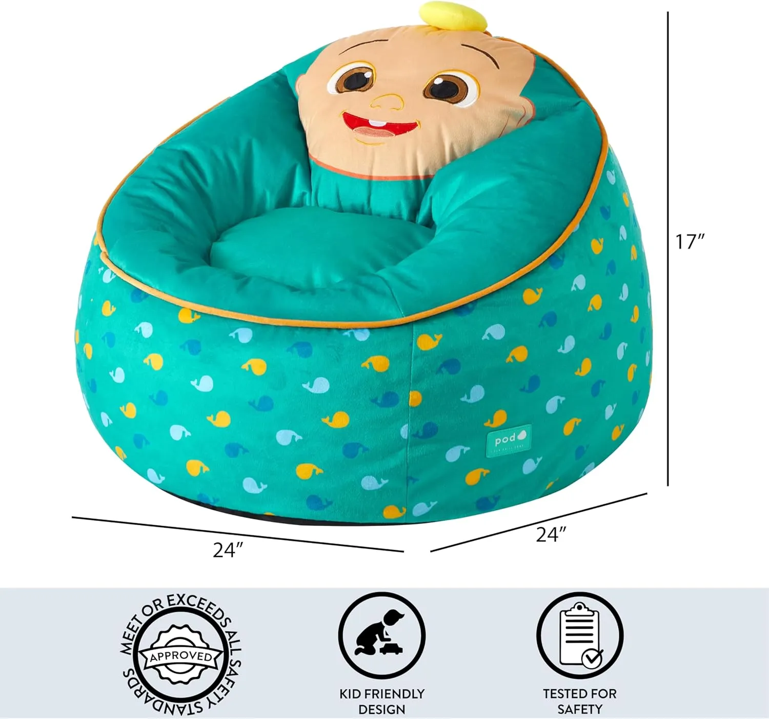 Idea Nuova Cocomelon Hillside by pod Kids Plush Bean Bag Chair, 24"x24"x25,Ages 3 
