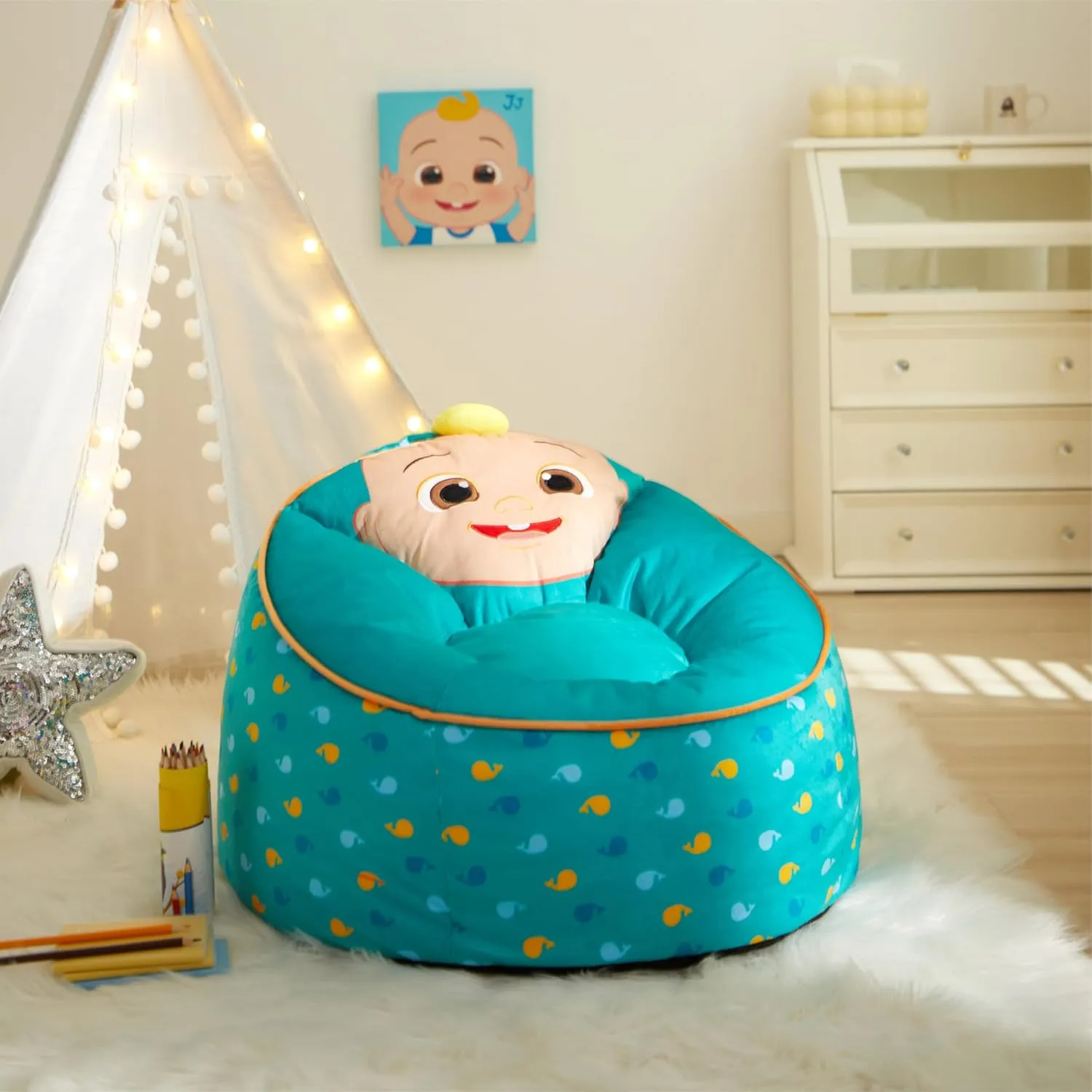 Idea Nuova Cocomelon Hillside by pod Kids Plush Bean Bag Chair, 24"x24"x25,Ages 3 