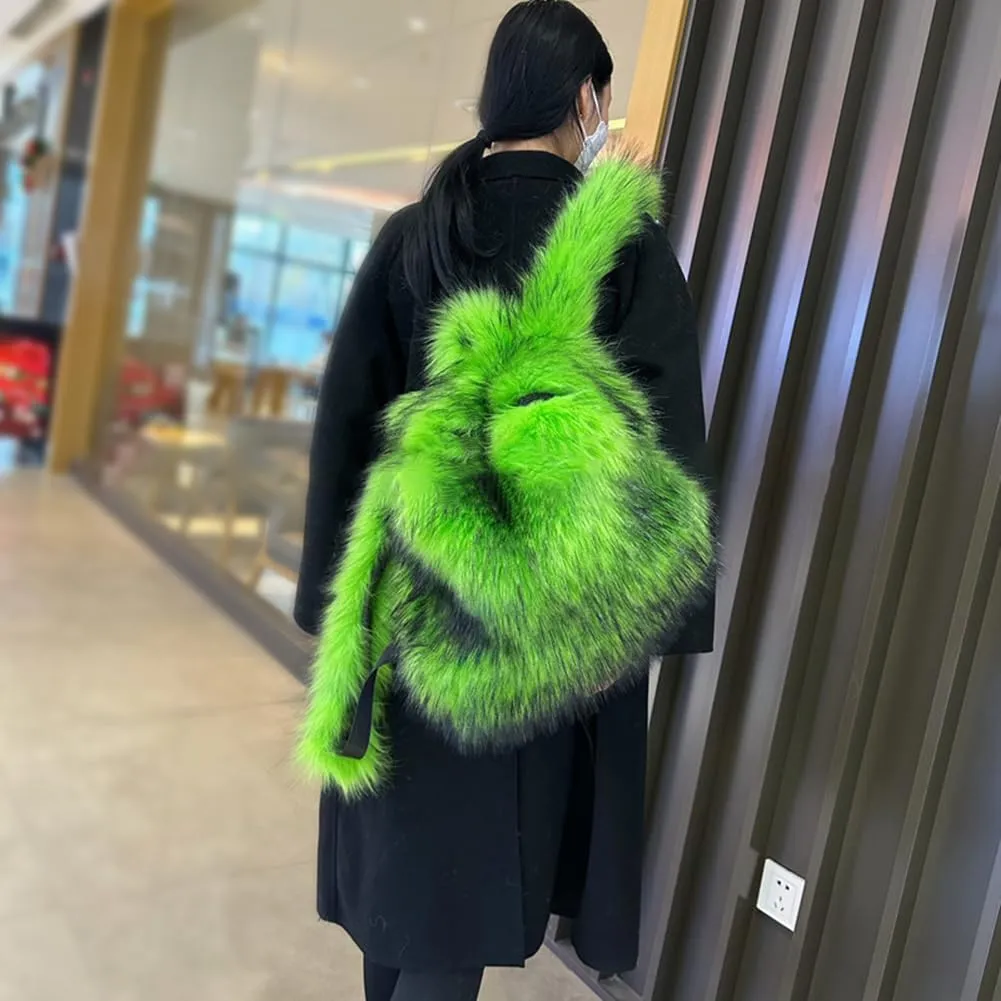 ikasus Furry Daypack Plush Shoulder Bag Women Small Faux Fur Backpack for Women Fuzzy Bags Backpack Plush Bag Travel, Fluorescent Green
