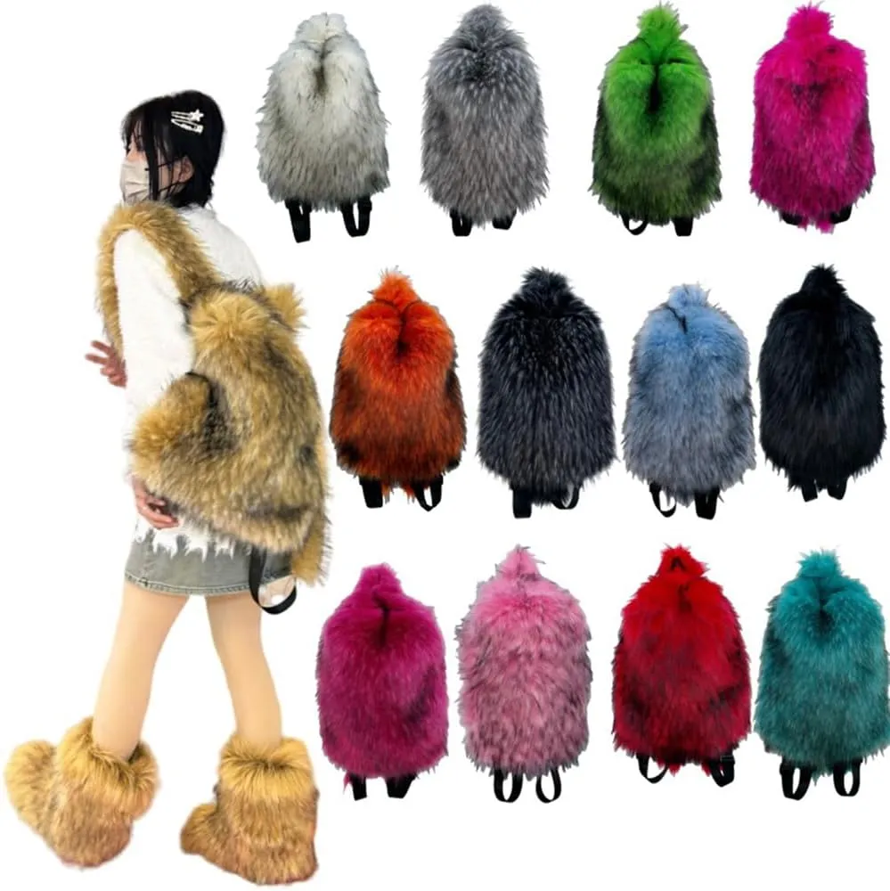 ikasus Furry Daypack Plush Shoulder Bag Women Small Faux Fur Backpack for Women Fuzzy Bags Backpack Plush Bag Travel, Fluorescent Green