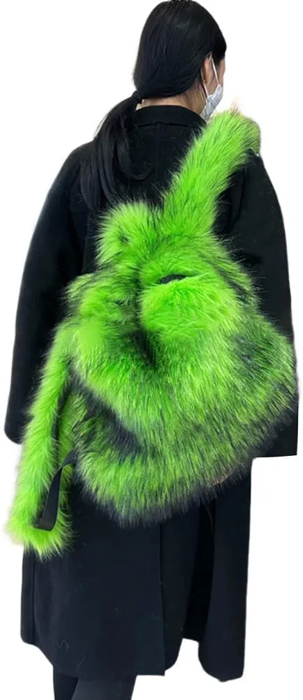 ikasus Furry Daypack Plush Shoulder Bag Women Small Faux Fur Backpack for Women Fuzzy Bags Backpack Plush Bag Travel, Fluorescent Green