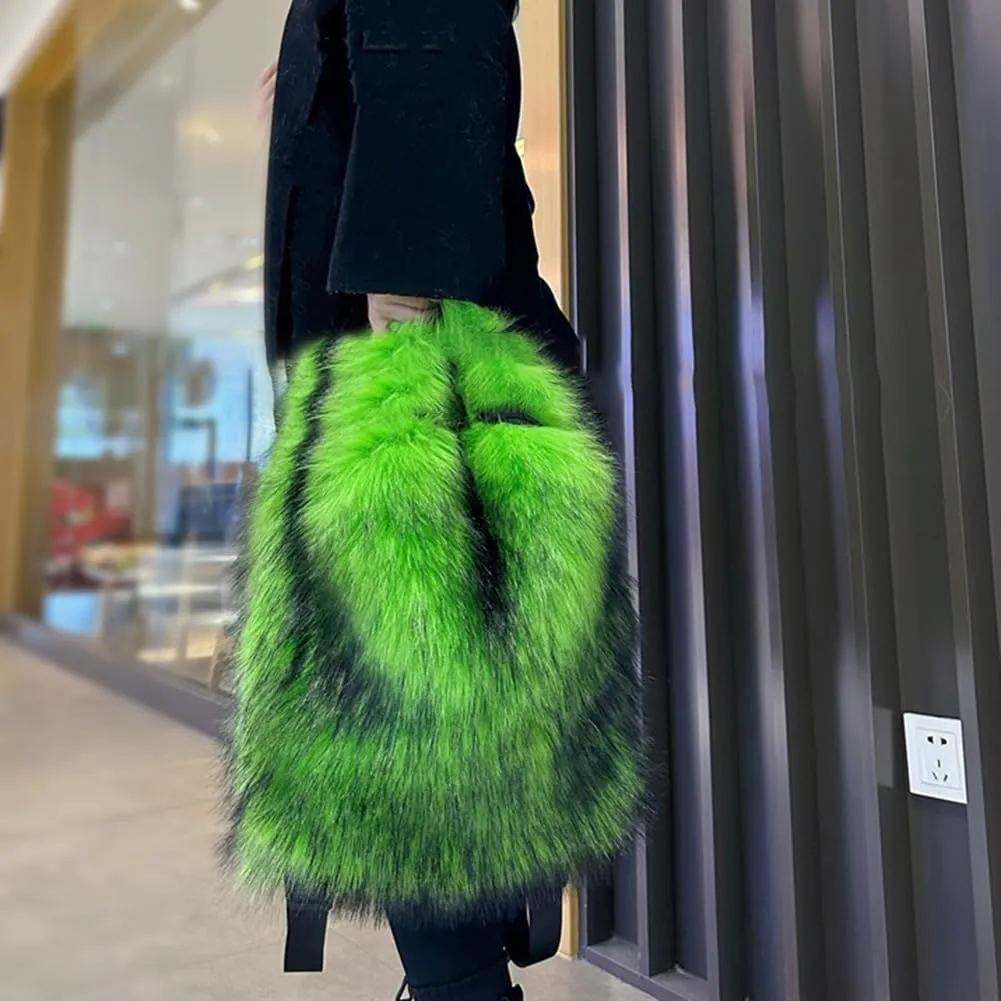 ikasus Furry Daypack Plush Shoulder Bag Women Small Faux Fur Backpack for Women Fuzzy Bags Backpack Plush Bag Travel, Fluorescent Green