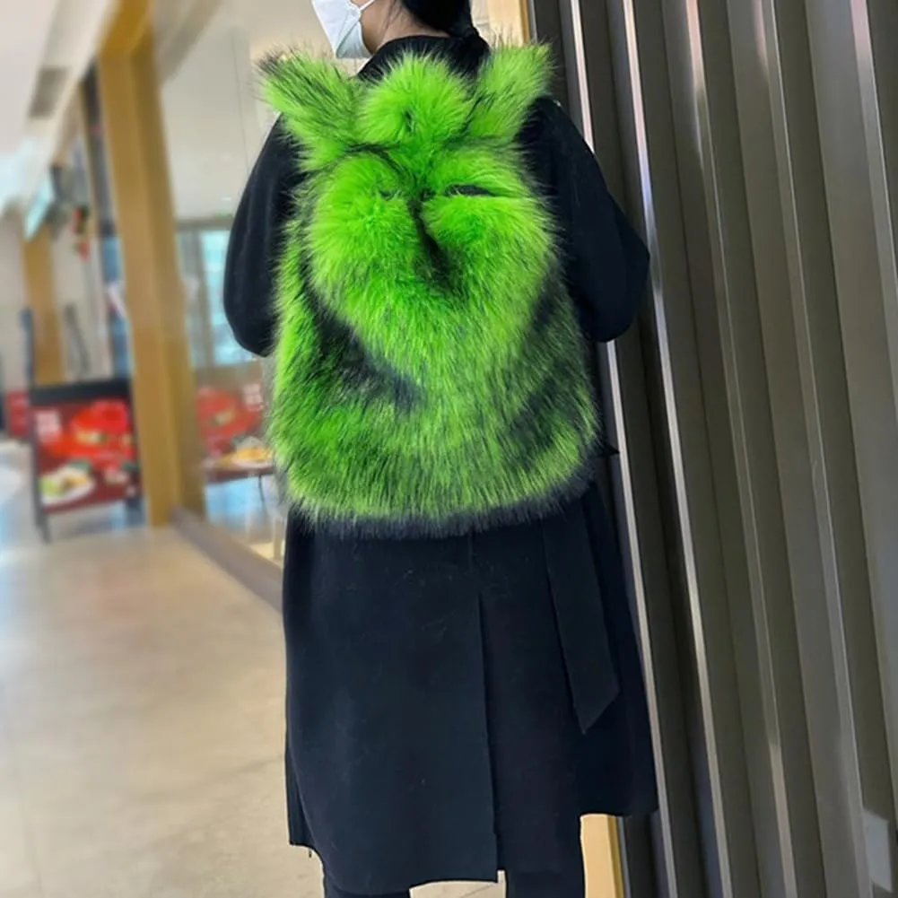 ikasus Furry Daypack Plush Shoulder Bag Women Small Faux Fur Backpack for Women Fuzzy Bags Backpack Plush Bag Travel, Fluorescent Green