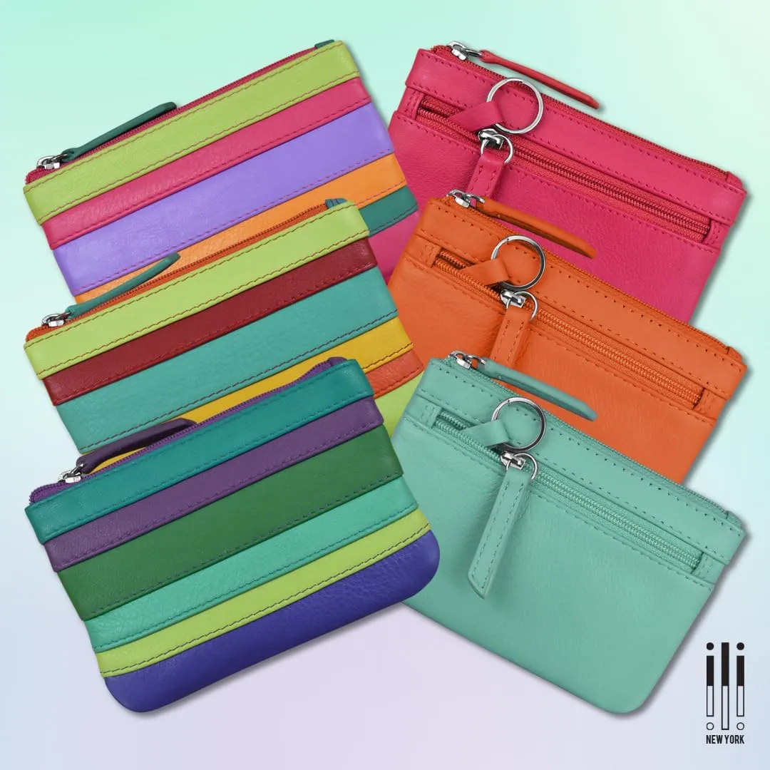 ili New York Mini Leather Coin Purse, Compact Design with Key Ring and RFID Protection for Women and Men in Vibrant Colors, Citrus