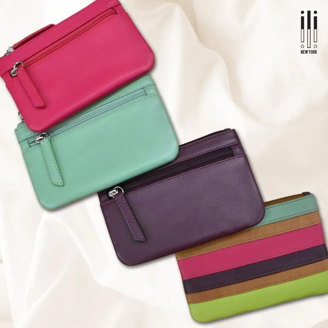 ili New York Mini Leather Coin Purse, Compact Design with Key Ring and RFID Protection for Women and Men in Vibrant Colors, Citrus
