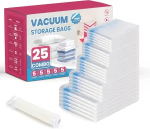InfiniPower Vacuum Storage Bags 25 Pack, Space Saver Bags with Hand Pump, Vacuum Seal Bags for Clothing Travel, Comforters, Blankets, Bedding, Pillows (5 Jumbo/5 Large/5 Medium/5 Small/5 Roll M)