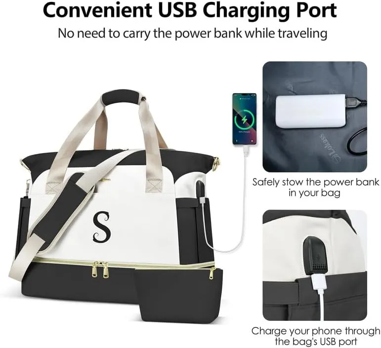 Initials Travel Bag for Women, Personalized Gym Bag with Shoes Compartment, Travel Duffel Bag with USB Charging Port, Weekender Overnight Bag for Women, Travel, Gym, Yoga Beige - A