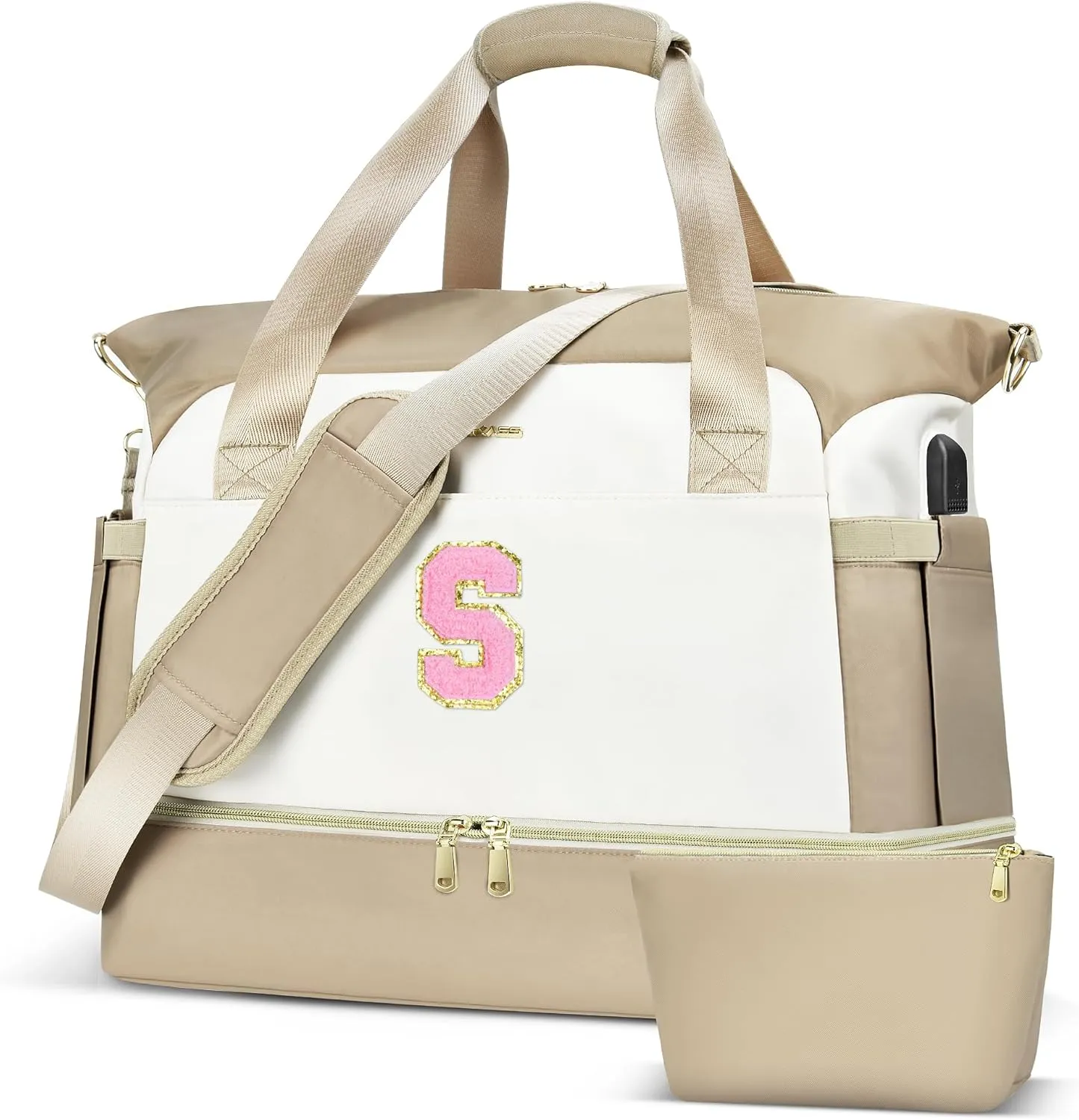 Initials Travel Bag for Women, Personalized Gym Bag with Shoes Compartment, Travel Duffel Bag with USB Charging Port, Weekender Overnight Bag for Women, Travel, Gym, Yoga Beige - A