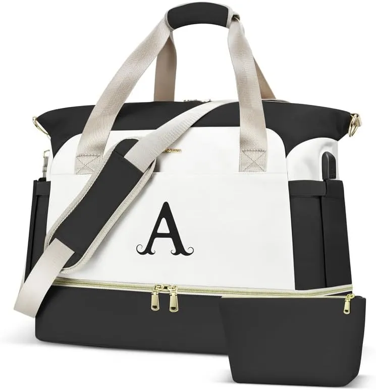 Initials Travel Bag for Women, Personalized Gym Bag with Shoes Compartment, Travel Duffel Bag with USB Charging Port, Weekender Overnight Bag for Women, Travel, Gym, Yoga Beige - A