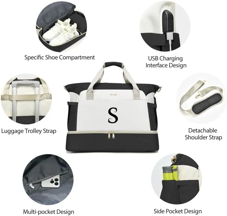 Initials Travel Bag for Women, Personalized Gym Bag with Shoes Compartment, Travel Duffel Bag with USB Charging Port, Weekender Overnight Bag for Women, Travel, Gym, Yoga Beige - A