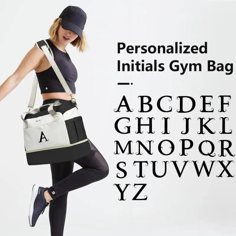 Initials Travel Bag for Women, Personalized Gym Bag with Shoes Compartment, Travel Duffel Bag with USB Charging Port, Weekender Overnight Bag for Women, Travel, Gym, Yoga Beige - A