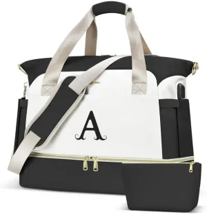 Initials Travel Bag for Women, Personalized Gym Bag with Shoes Compartment, Travel Duffel Bag with USB Charging Port, Weekender Overnight Bag for Women, Travel, Gym, Yoga Beige - A