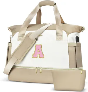 Initials Travel Bag for Women, Personalized Gym Bag with Shoes Compartment, Travel Duffel Bag with USB Charging Port, Weekender Overnight Bag for Women, Travel, Gym, Yoga Beige - A