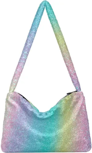Iridescent Rainbow Glitter Fluffy Crossbody Bag Furry Tote Bags for Women Fuzzy Purse Handbag Lady Shoulder Bag Large Plush Bag with Zipper Closure
