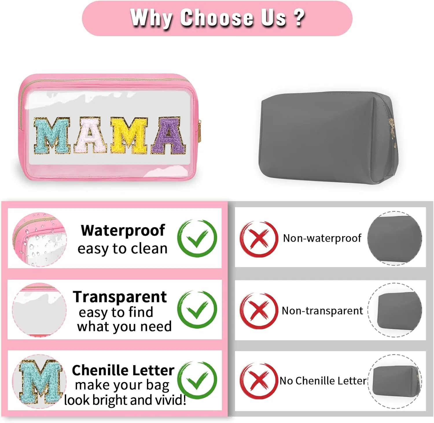 izuzta 2 Pcs Chenille Letter Clear Makeup Bag Mama Baby Pouch, Hospital Duffle Pink Diaper Organizing Pouches with Zipper, Travel Toiletry Nylon Cosmetic for Women(MAMA BABY)