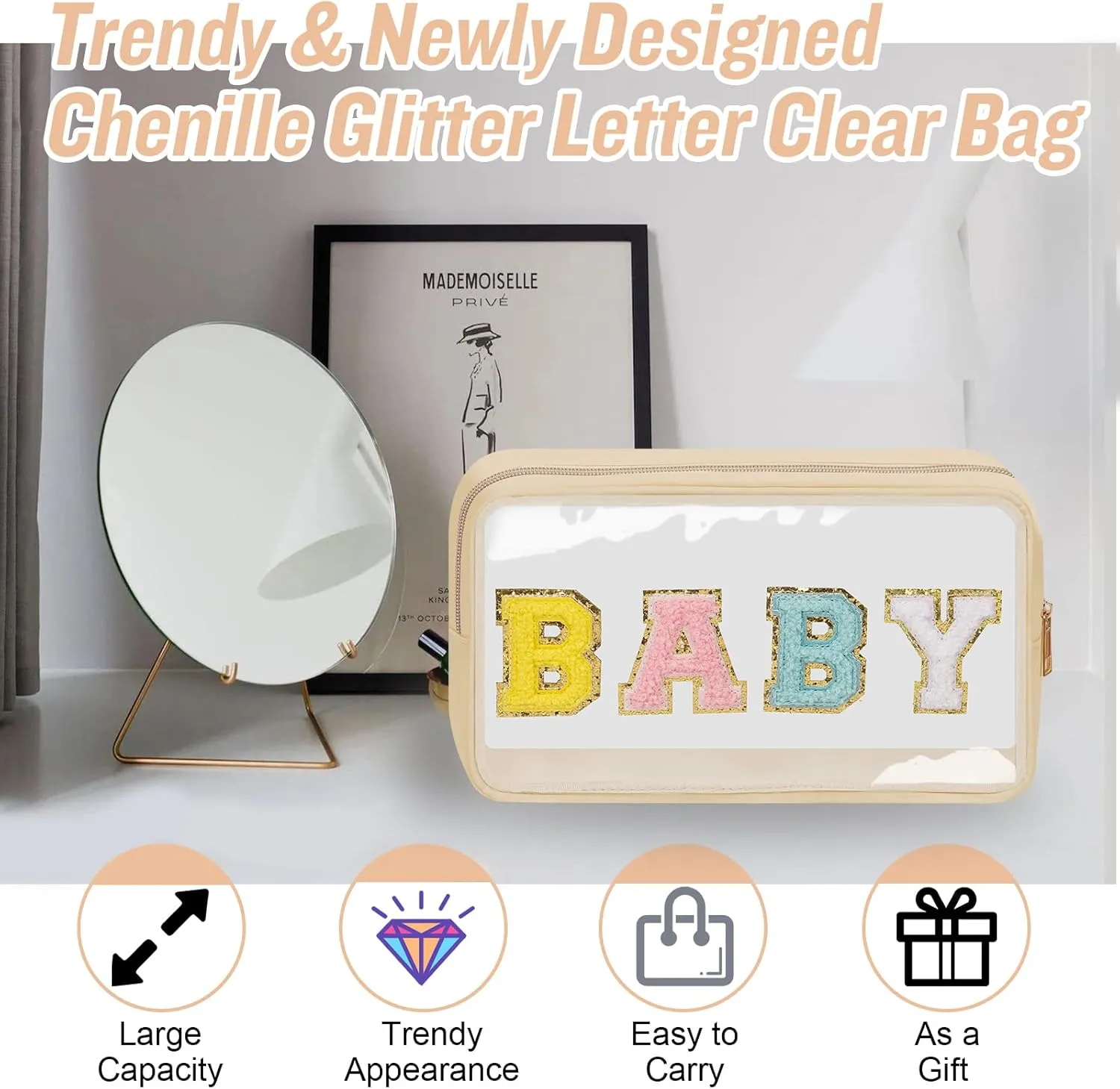 izuzta 2 Pcs Chenille Letter Clear Makeup Bag Mama Baby Pouch, Hospital Duffle Pink Diaper Organizing Pouches with Zipper, Travel Toiletry Nylon Cosmetic for Women(MAMA BABY)