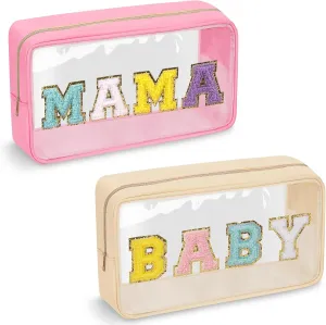 izuzta 2 Pcs Chenille Letter Clear Makeup Bag Mama Baby Pouch, Hospital Duffle Pink Diaper Organizing Pouches with Zipper, Travel Toiletry Nylon Cosmetic for Women(MAMA BABY)