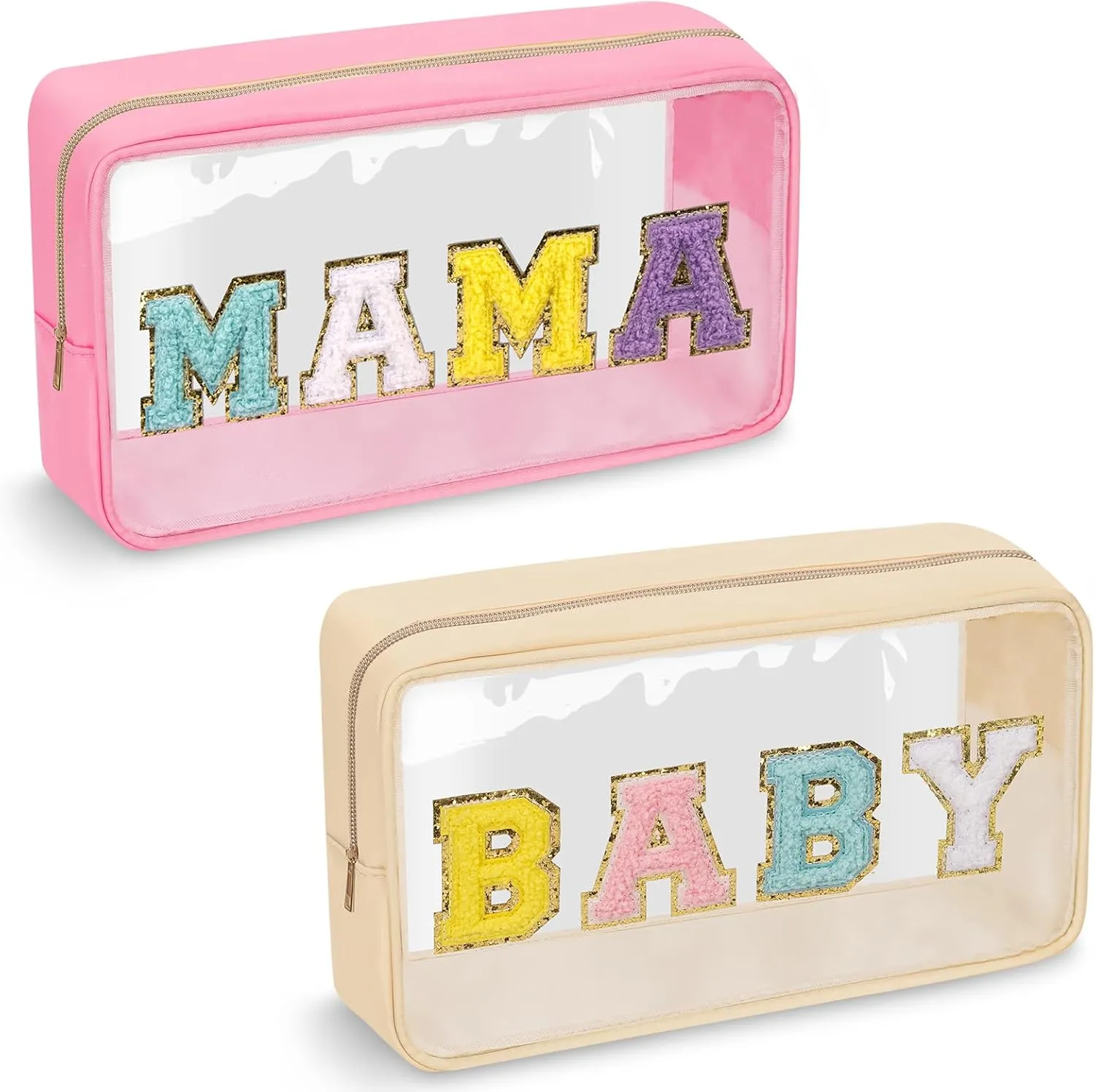 izuzta 2 Pcs Chenille Letter Clear Makeup Bag Mama Baby Pouch, Hospital Duffle Pink Diaper Organizing Pouches with Zipper, Travel Toiletry Nylon Cosmetic for Women(MAMA BABY)