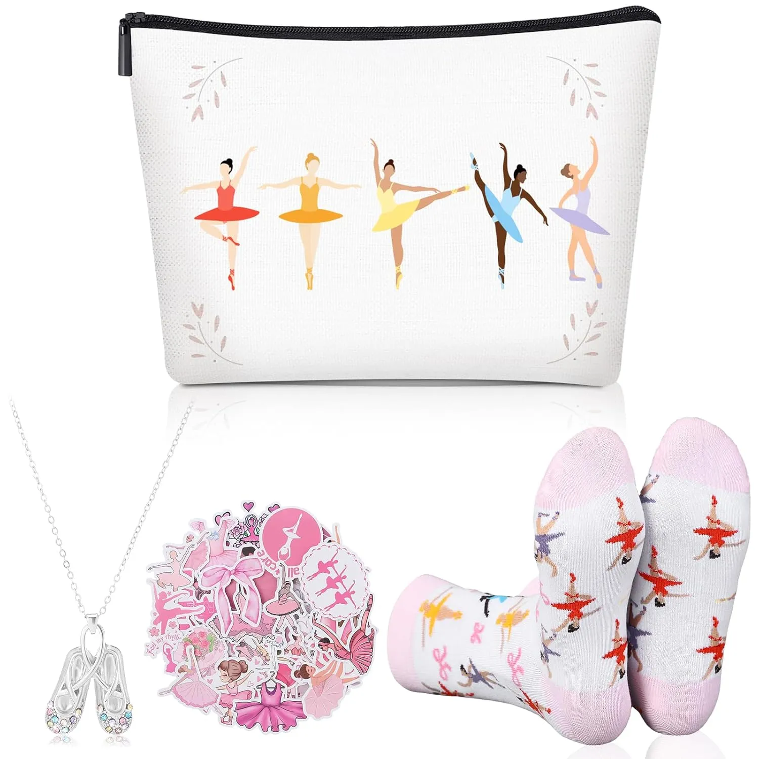Jadive 4 Pcs Ballerina Birthday Party Decorations Dance Recital Gifts for Girls Women Ballet Gifts Set Canvas Makeup Bag Necklace Pink Ballet Stickers Socks for Party Favors Supplies Graduation