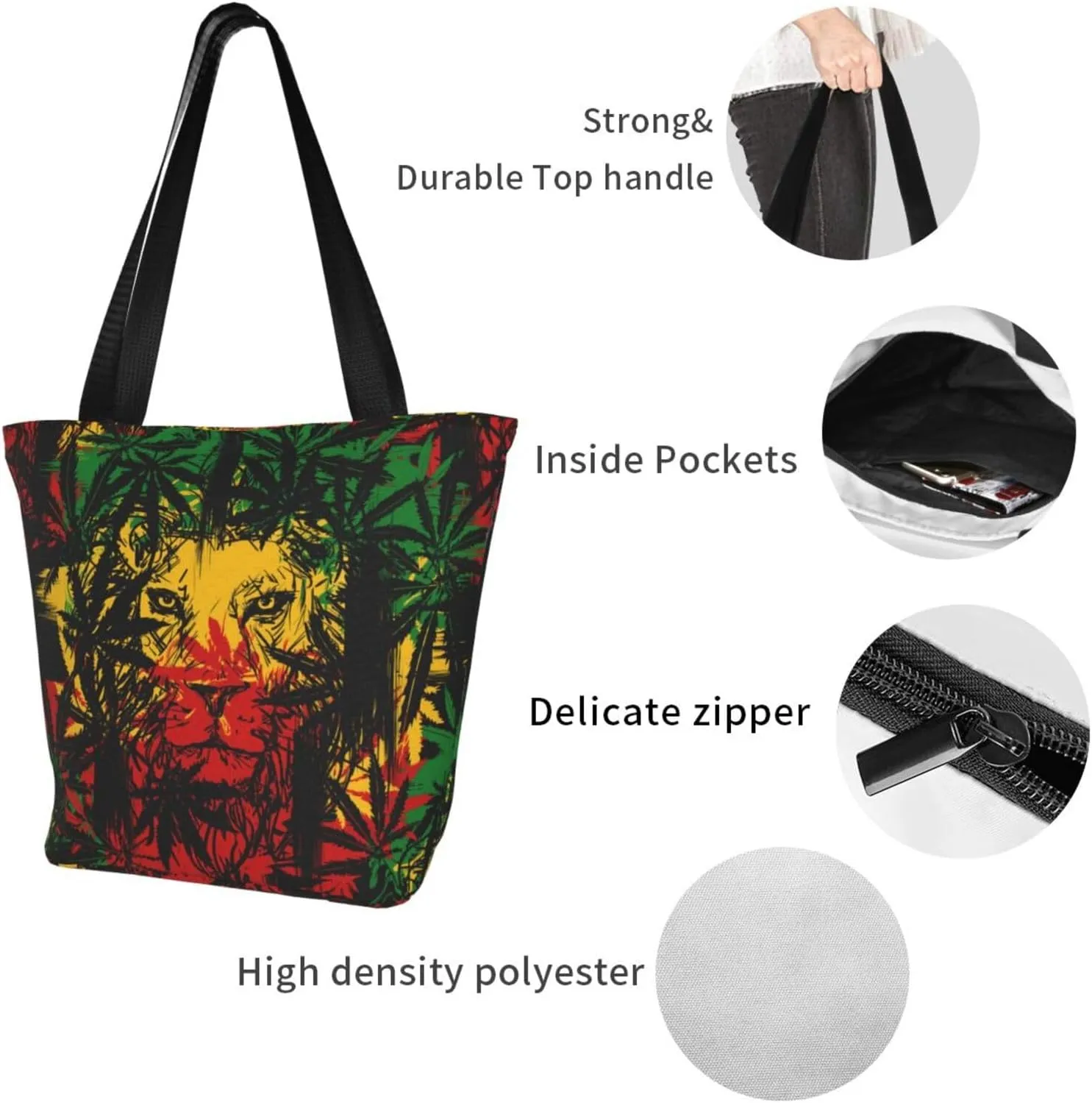 Jamaican Rasta Reggae Judah Lion Women's Tote Bag Shoulder Bag Shopping Handbag Large Capacity Handbag With Zipper