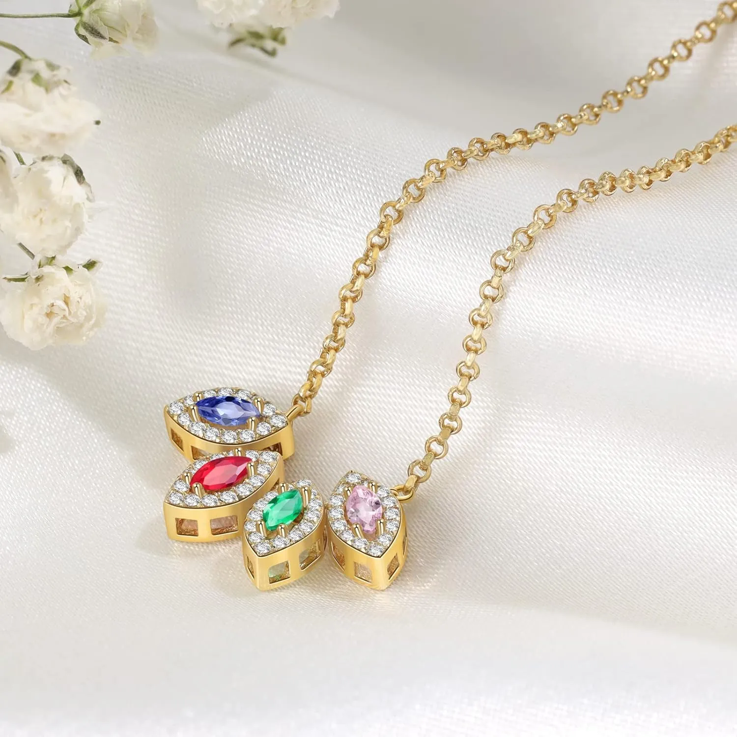 JewelOra Personalized Gold Necklace with 1-5 Simulated Birthstone for Women Custom Oval Simulated Birthstone Fashion Necklace Pendant for Mother