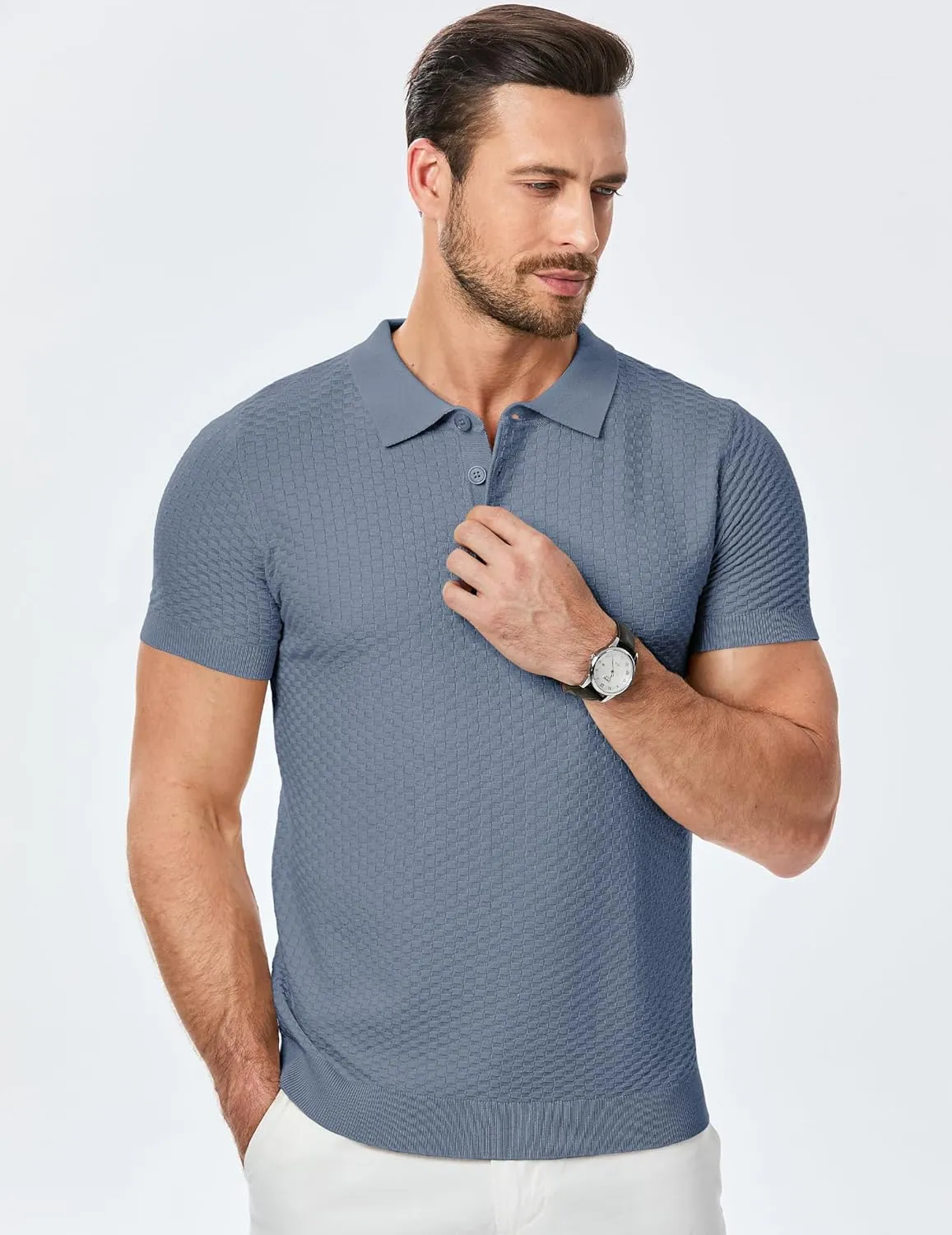 JMIERR Mens Knit Polo Shirts Classic Button Basic Textured T Shirts Casual Slim Fit Short Sleeve Summer Golf Tee Shirt