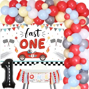 JOYMEMO Fast One Race Car 1st Birthday Decorations for Boys - Retro Pastel Racing Balloon Garland Arch Kit with Backdrop, High Chair Banner, Racetrack Number 1 Race Car Checkered Balloons