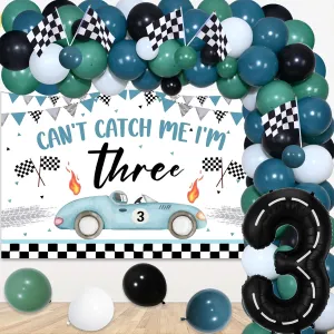 JOYMEMO Vintage Race Car 3rd Birthday Decorations Boys - Racing Car Balloons Arch Garland Kit with Can't Catch Me I'm Three Backdrop, Racetrack Number 3 Balloon, Checkered Flags for Three Fast