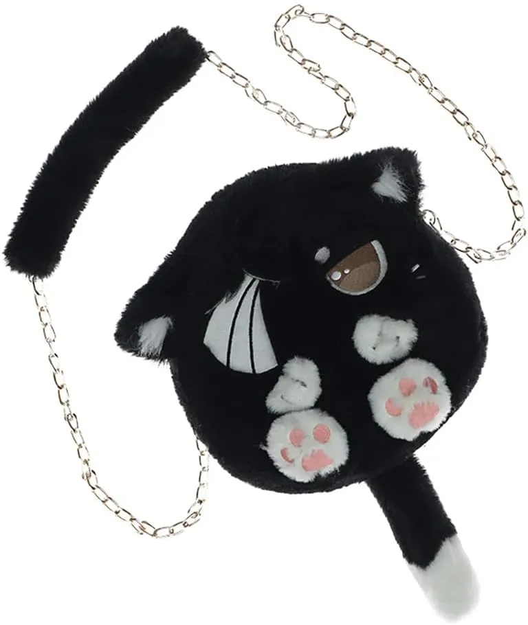 JUNBOON Black Cat Plush Shoulder Bag Animal Bag Purse Cute Kawaii Gift for Adults Women
