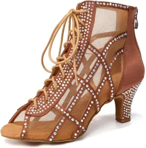 JUODVMP Women's Ballroom Dance Boots Mesh Latin Salsa Shoes,Satin with Rhinestones Heels,L434