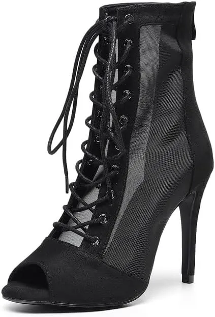 JUODVMP Women's Dance Boots Breathable Mesh Ballroom Salsa Ankle Dance Heels Model 7255